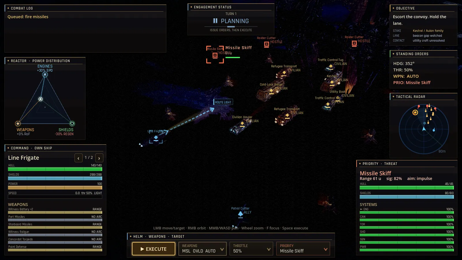Allocate energy between shields, weapons, and engines each turn. Every commitment closes a door.