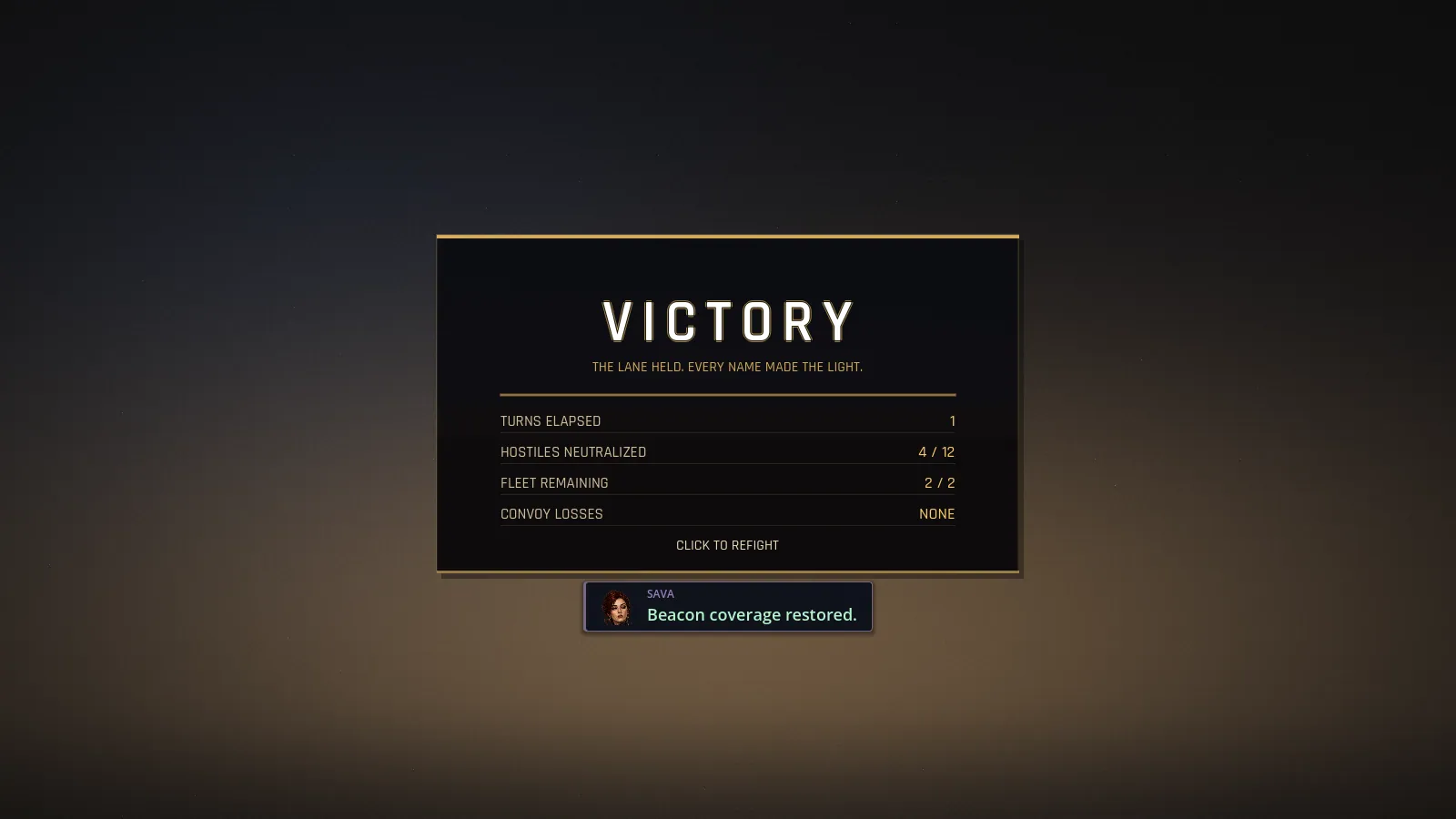 Post-battle result screen showing convoy losses and mission outcome